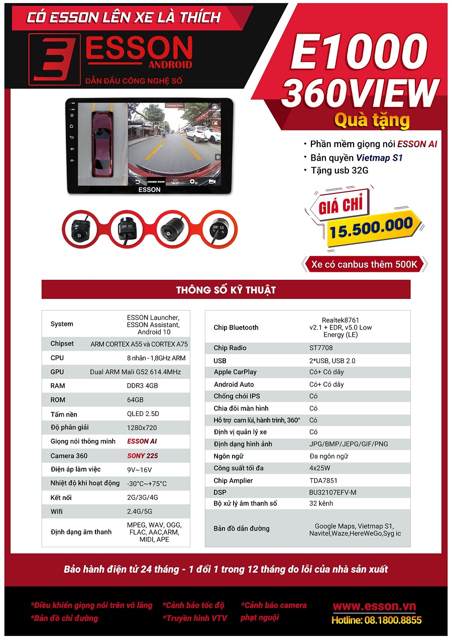 Thông số kỹ thuật và giá bán của màn hình android liền cam 360 ESSON E1000 360 VIEW
