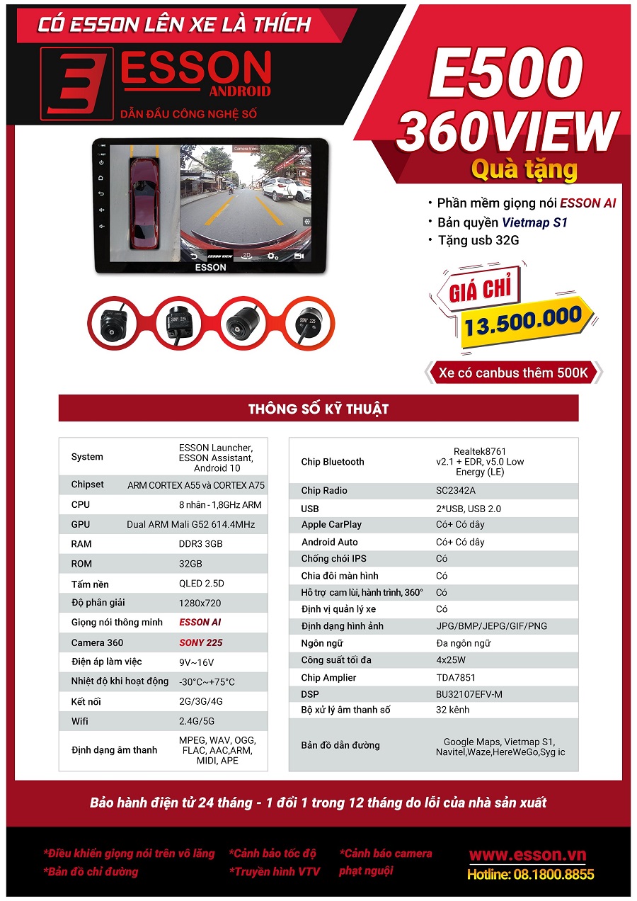 Thông số kỹ thuật và giá bán của màn hình android liền cam 360 ESSON E500 360 VIEW