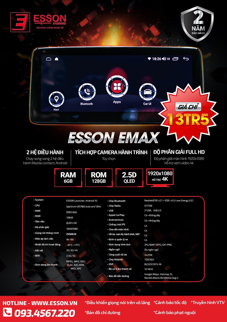 Thông số kỹ thuật và giá bán của màn hình dvd android Esson E Max Mazda