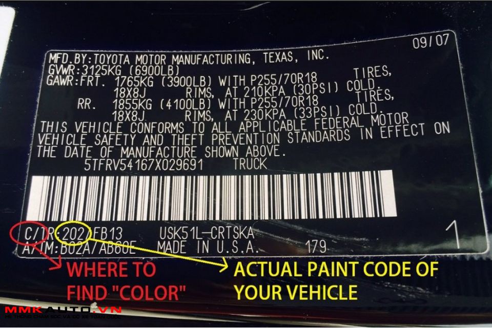 Code màu sơn xe ô tô Toyota